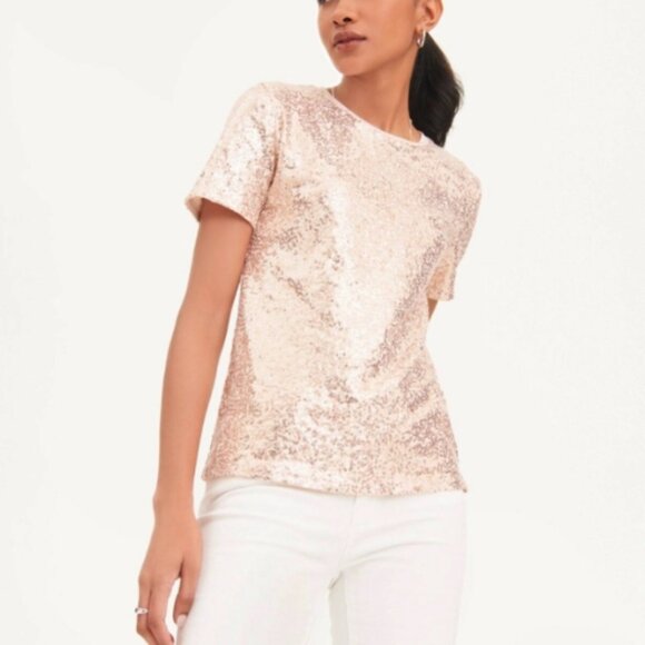 DKNY Rose Gold Shiny Sequin Glitter Short Sleeve Crew Neck Top Tee Shirt Size M - Picture 1 of 7